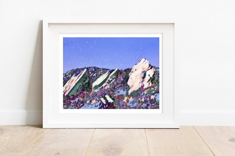 Boulder Flatirons Archival Print Colorado Landscape Painting, Starry Sky Art Print, Colorful Mountain Home Decor, Boho Mountain Wall Art image 2