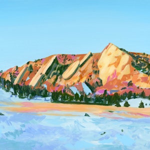 Boulder Flatirons Archival Print - Mountain Sunset Wall Decor, Colorado Mountain Alpenglow Painting, Turquoise and Orange Wall Art