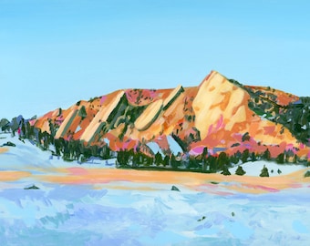 Boulder Flatirons Archival Print - Mountain Sunset Wall Decor, Colorado Mountain Alpenglow Painting, Turquoise and Orange Wall Art