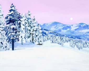Snowshoe Mountain Archival Print - Snowy Mountain Landscape Painting, Ski Resort Wall Art, Mountain Nursery Wall Art, Pink and Blue Decor
