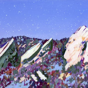 Boulder Flatirons Archival Print Colorado Landscape Painting, Starry Sky Art Print, Colorful Mountain Home Decor, Boho Mountain Wall Art image 1