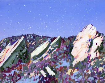 Boulder Flatirons Archival Print - Colorado Landscape Painting, Starry Sky Art Print, Colorful Mountain Home Decor, Boho Mountain Wall Art