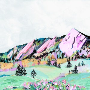 Boulder Flatirons Archival Print, Pretty Mountain Landscape Painting, Colorado Landscape Mountains Flowers, Boho Mountain Nursery Wall Art image 1