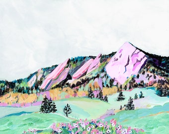 Boulder Flatirons Print, Colorado landschapsschilderij, Boho Mountain muurkunst