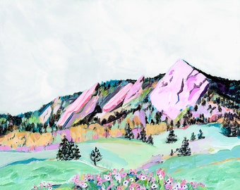 Boulder Flatirons Archival Print, Pretty Mountain Landscape Painting, Colorado Landscape Mountains Flowers, Boho Mountain Nursery Wall Art