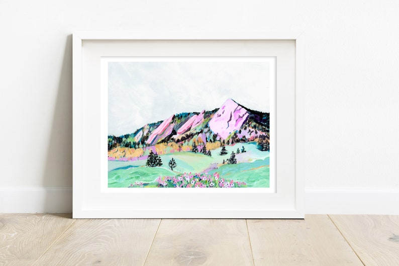 Boulder Flatirons Archival Print, Pretty Mountain Landscape Painting, Colorado Landscape Mountains Flowers, Boho Mountain Nursery Wall Art image 3
