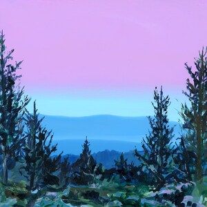 May include: A painting depicting a forest scene with a pink and blue gradient sky. The trees are dark green and silhouetted against the sky. There are mountains in the distance.