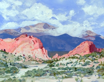 Garden of the Gods Archival Print - Pikes Peak Colorado Art Print, Colorado Souvenir Landscape Painting, Modern Western Home Decor