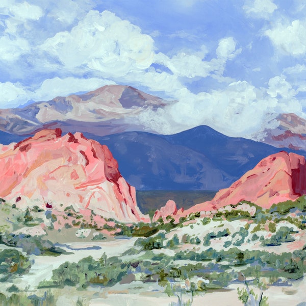 Garden of the Gods Archival Print - Pikes Peak Colorado Art Print, Colorado Souvenir Landscape Painting, Modern Western Home Decor