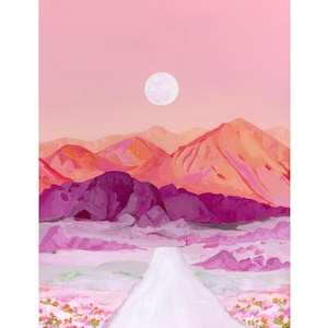 Desert Full Moon Archival Print - Arizona Landscape Painting, Modern Southwestern Decor, Boho Desert Nursery Wall Art, Pink Orange Wall Art