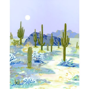 Desert Cactus Moon Archival Print - Modern Southwestern Home Decor, Boho Cactus Desert Home Decor, Arizona Desert Landscape Painting