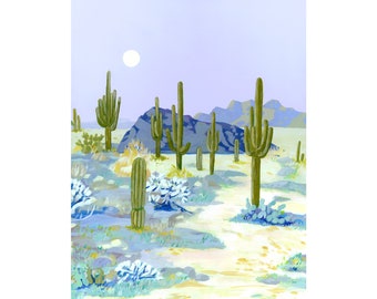 Desert Cactus Moon Archival Print - Modern Southwestern Home Decor, Boho Cactus Desert Home Decor, Arizona Desert Landscape Painting