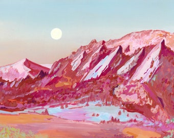 Boulder Flatirons Archival Print - Colorful Mountain Moon Painting, Colorado Landscape Painting, Modern Western Home Decor