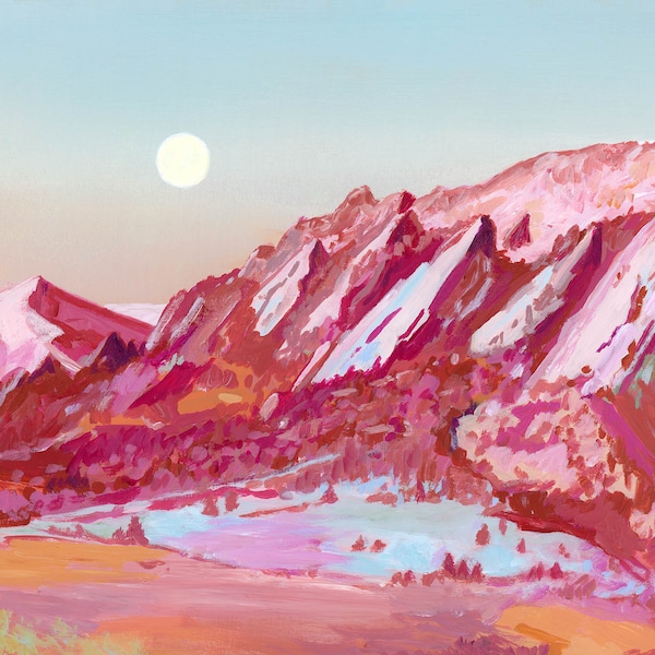 Boulder Flatirons Archival Print - Colorful Mountain Moon Painting, Colorado Landscape Painting, Modern Western Home Decor