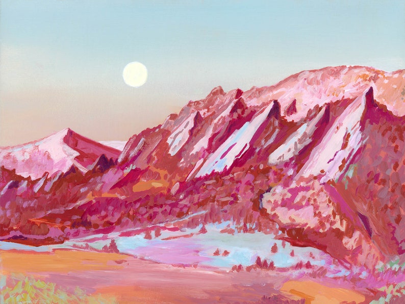 Boulder Flatirons Archival Print  Colorful Mountain Moon image 1