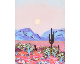 May include: An acrylic painting of a desert landscape with a soft pink sky and a bright yellow sun. The foreground features colorful flowers and cacti, with blue mountains in the background.