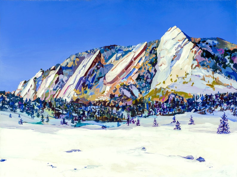 Flatirons in Winter Archival Print Colorado Landscape Painting Art Print, Colorful Mountain Landscape Wall Art, Mountain Home Wall Decor image 1