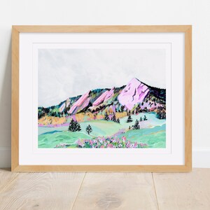 Boulder Flatirons Archival Print, Pretty Mountain Landscape Painting, Colorado Landscape Mountains Flowers, Boho Mountain Nursery Wall Art image 2