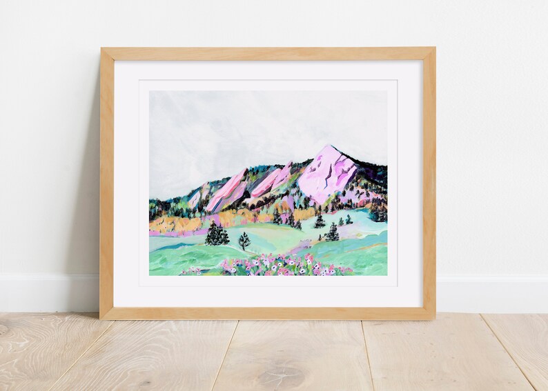 Boulder Flatirons Archival Print, Pretty Mountain Landscape Painting, Colorado Landscape Mountains Flowers, Boho Mountain Nursery Wall Art image 2