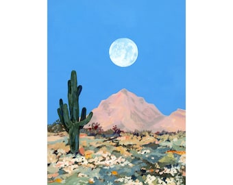 Saguaro National Park Archival Print - Full Moon Desert at Night, Arizona Desert Landscape Painting, Modern Botanical Southwestern Decor