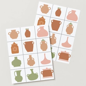 May include: Two cards with a grid of various terracotta-colored pottery illustrations. The designs include vases, pots, and jars in shades of brown, pink, and green. The cards are on a white background.
