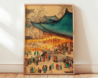 Japanese Temple Festival Illustration | Vintage Ukiyo-E Street Scene Poster | Lantern Market Architecture Print | digital download