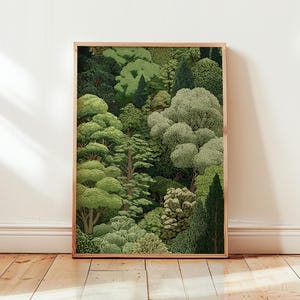 May include: A framed art print featuring a detailed illustration of a lush forest. The artwork showcases a variety of green trees and foliage, with varying shades and textures. The print is encased in a light brown wooden frame, adding a natural touch.