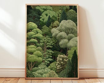 Forest Digital Download Wall Art, Botanical Printable Poster, Lush Green Woodland Trees Illustration for Instant Home Decor