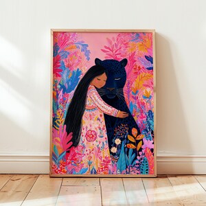 Whimsical Girl and Cat Digital Download Print, Colorful Hugging Cat Wall Art, Vibrant Boho Animal Poster, Playful Pet Printable Decor