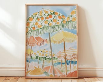 Mediterranean Beach Umbrella Art, Coastal Summer Wall Decor, Colorful Seaside Poster, Italian Riviera Style Digital Download