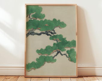 Japanese Green Pine Tree Digital Download Print, Zen Nature Wall Art, Minimalist Asian Inspired Decor, Instant Printable Poster