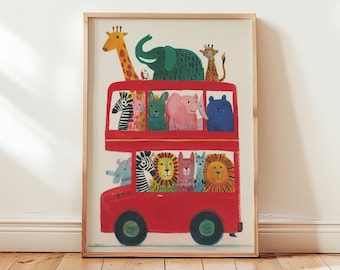 Animal Illustration Print | Safari Animals On Red Bus Scene | Childrens Nursery Poster | Printable digital download