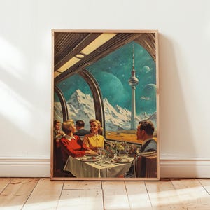 May include: A framed vintage-style print depicts a dining car scene with people enjoying a meal. The window reveals a surreal landscape with mountains, planets, and a tall tower. The color palette includes blues, yellows, and reds.