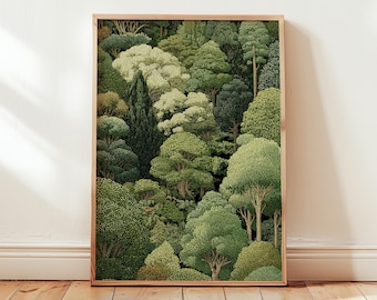 Forest Digital Download Wall Art, Botanical Printable Poster, Lush Green Woodland Trees Illustration for Instant Home Decor