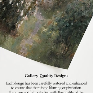 May include: An art print featuring a landscape painting with a path winding through trees. The artwork uses a palette of greens, browns, and whites, with visible brushstrokes. The text "Gallery-Quality Designs" is displayed below the artwork.