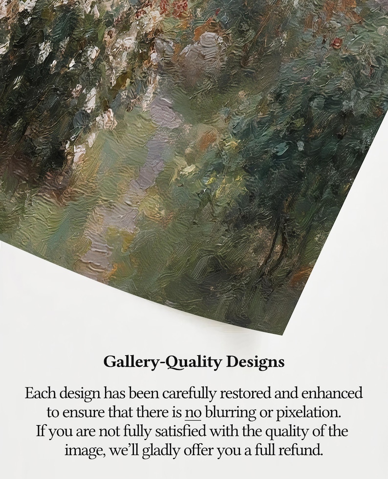 May include: An art print featuring a landscape painting with a path winding through trees. The artwork uses a palette of greens, browns, and whites, with visible brushstrokes. The text "Gallery-Quality Designs" is displayed below the artwork.