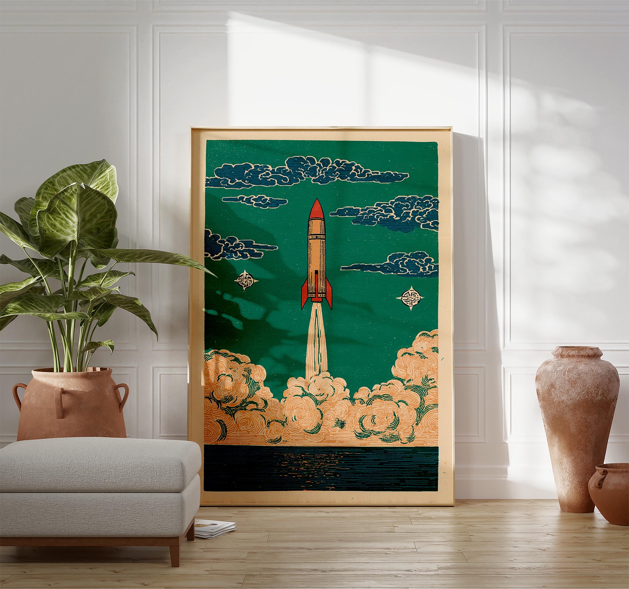 Rocket Launch Poster | Space Wall Art Print | Vintage Sci Fi ...