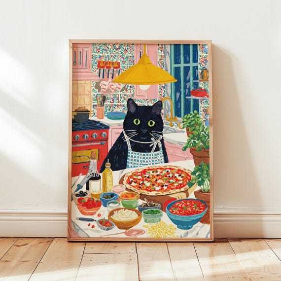 Black Cat Kitchen Wall Art, Funny Chef Cat Poster, Pizza Cooking