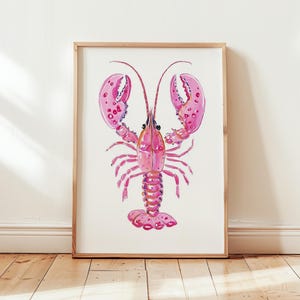 Pink Lobster Wall Art Print, Nautical Coastal Kitchen Decor, Beach House Sea Life Illustration Digital Download