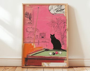 Retro Pink Cat Billiards Art Print | Funky Pool Hall Decor Wall Art Poster | Trendy Maximalist Game Room Gift | Digital Download