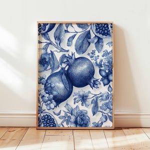 Blue Pomegranate Botanical Printable, Digital Download Fruit Wall Art, Blue and White Kitchen Decor, Instant Download Kitchen Poster