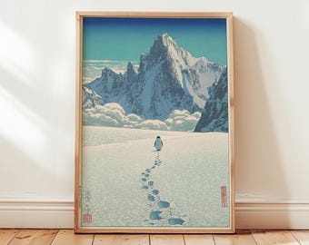 Japanese Mountain Landscape Poster | Blue Snow Scene Illustration | Digital Download