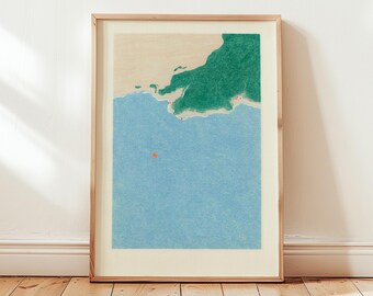 Impresión digital descargable de la costa japonesa, obra de arte vintage con paisaje oceánico, arte minimalista de pared marina, póster instantáneo de inspiración asiática