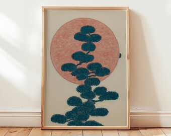 Japanese Bonsai Tree Digital Download Print, Minimalist Sun Wall Art, Zen Nature Poster, Asian Inspired Decor Instant