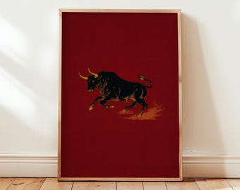 Bull Wall Art Digital Download, Vintage Spanish Poster, Red and Black Animal Print, Rustic Farmhouse Decor, Strong Symbolic Artwork
