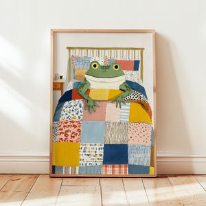 Grodaillustration | Djur i sängen | Lapptäcke och sovrumsaffisch | Barninredning | Utskrivbar digital nedladdning