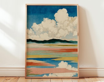 Póster de paisaje nuboso japonés, impresión artística vintage asiática para pared, descarga digital de cielo montañoso colorido, decoración imprimible al instante