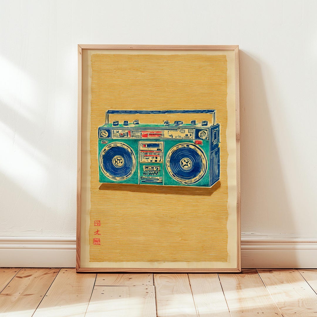 Blue Retro Boombox Print, Vintage Stereo Wall Art, Music Digital ...