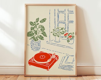 Record Player Poster, Retro Vinyl Wall Art Print, Mid Century Modern Digital Download Music Room Decor, Turntable Illustration