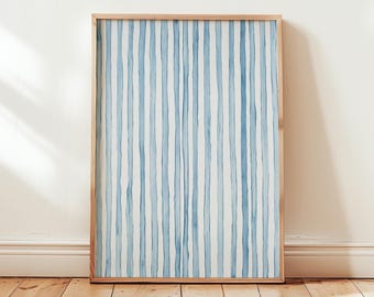 Blue Stripe Wall Art Print, Coastal Nautical Decor, Minimalist Striped Pattern Artwork in Light Blue and White, Digital Download Poster
